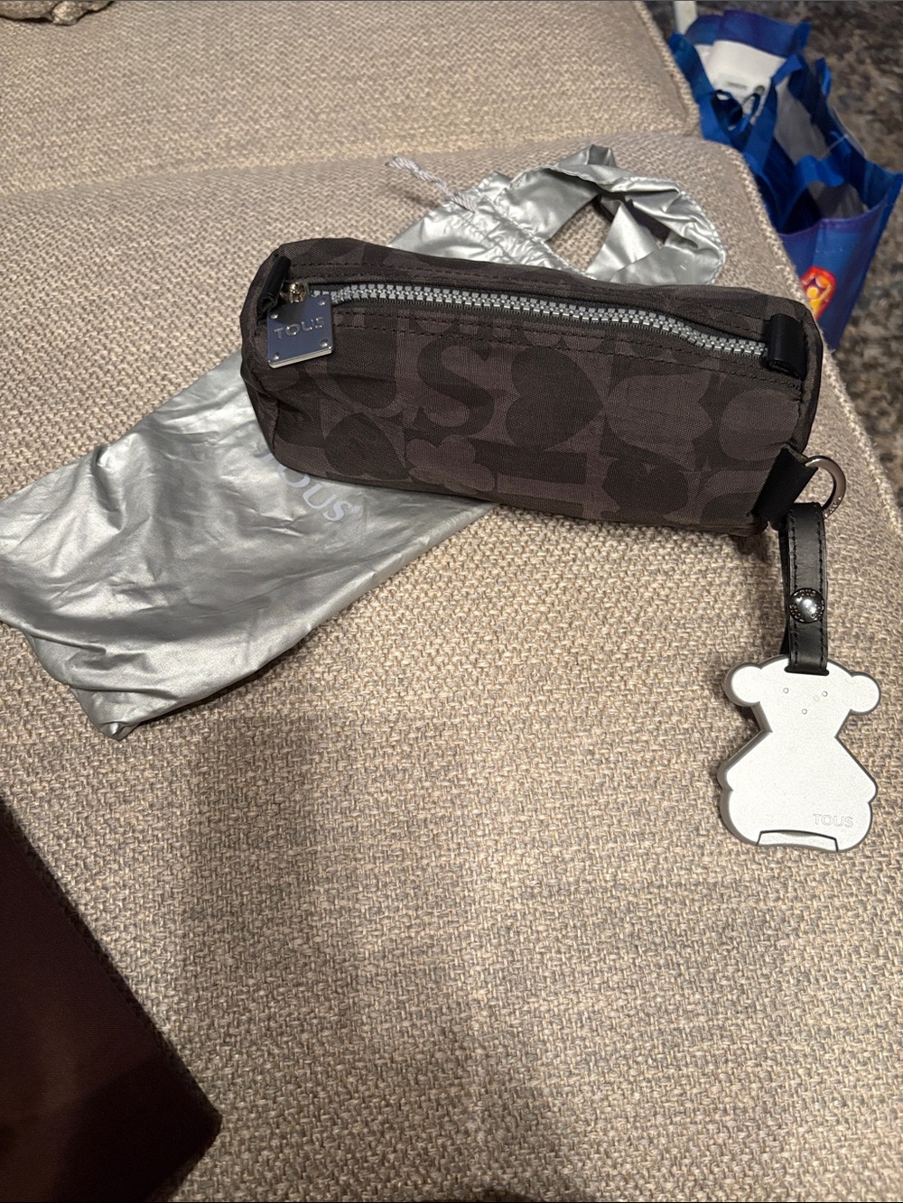 TOUS Black Logo Toiletry Pouch with silver  Bear Charm